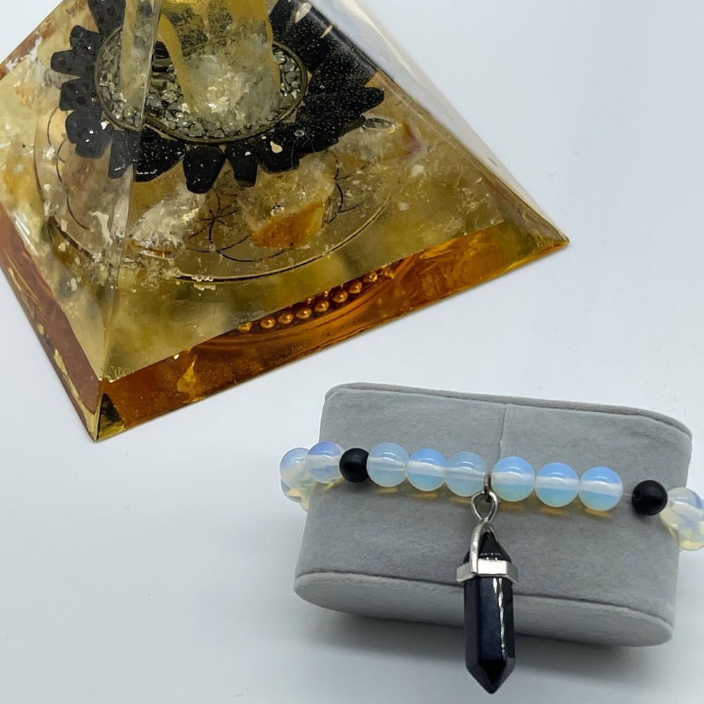 White and Black Beaded Bracelets with Black Onyx Drop